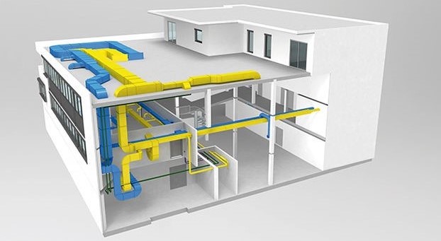 Gebäudemodel des Referenzprojektes bei dem die Leitungen in den Farben gelb sowie blau hervorgehoben wurden.