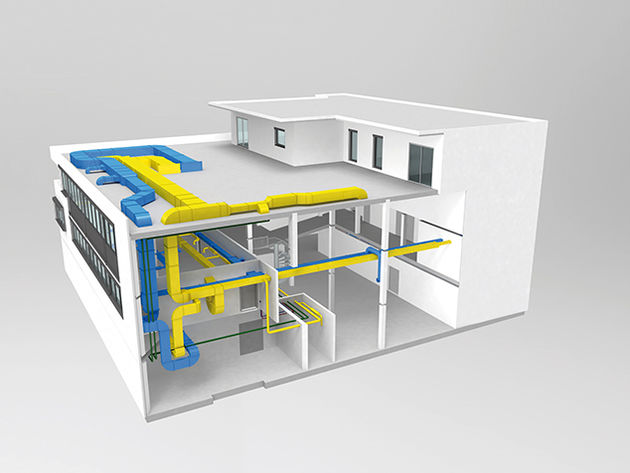Gebäudemodel des Referenzprojektes bei dem die Leitungen in den Farben gelb sowie blau hervorgehoben wurden.